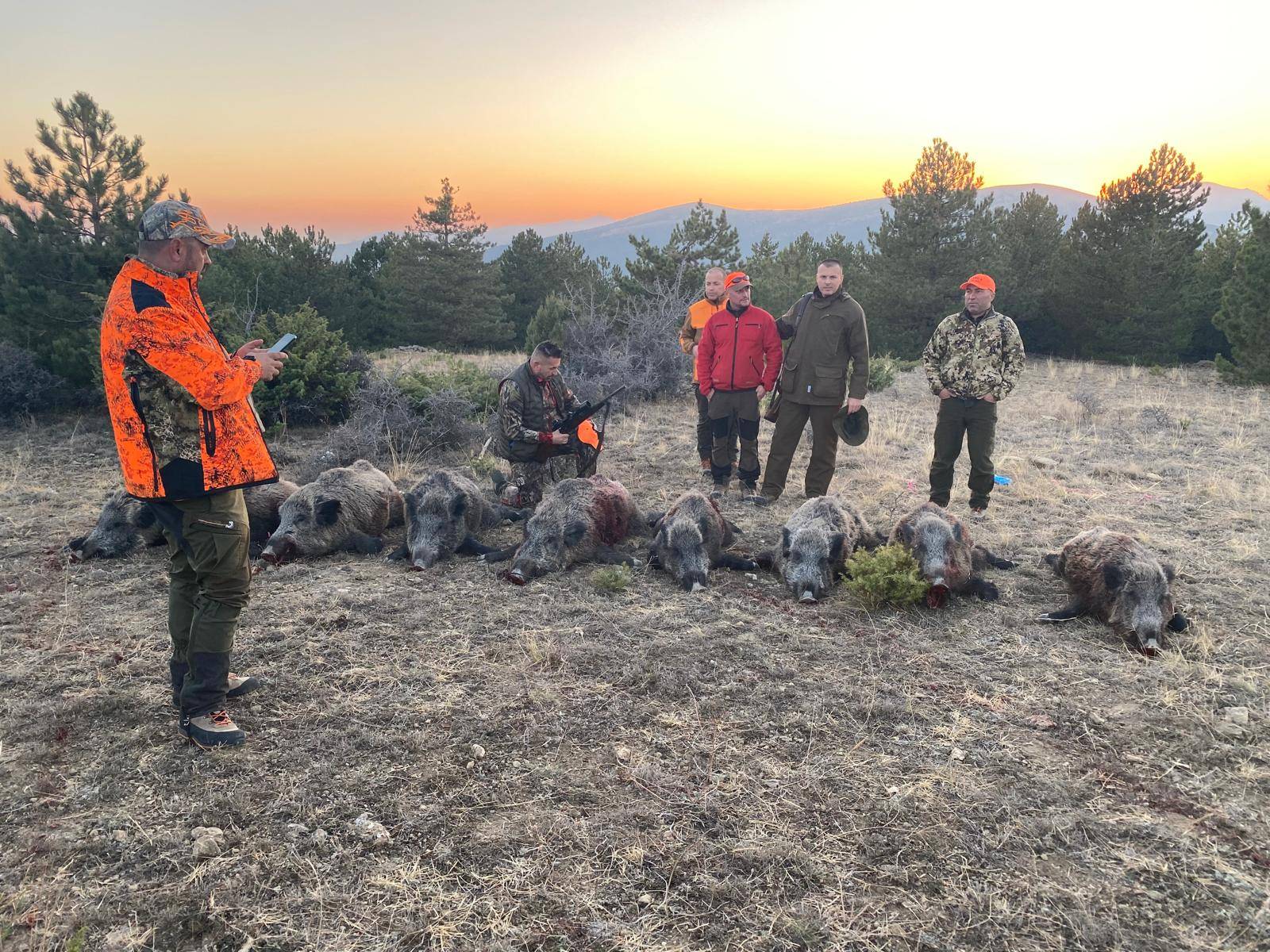 International hunters on a guided wild boar safari in Turkey